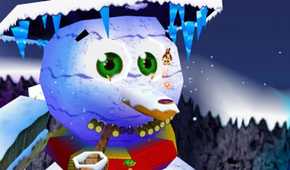 A screenshot Banjo jumping off a snowman mountain in Banjo-Kazooie