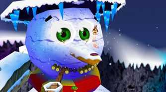 A screenshot Banjo jumping off a snowman mountain in Banjo-Kazooie