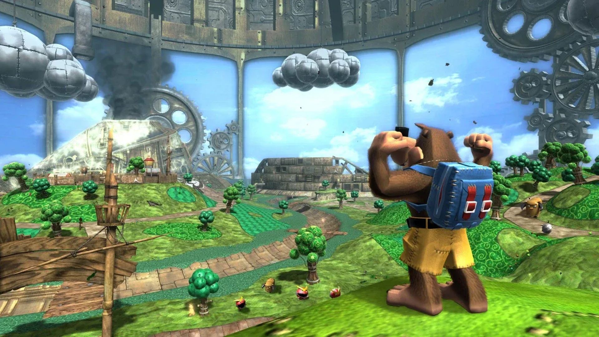 A screenshot of Banjo flexing in a stage from Banjo-Kazooie Nuts & Bolts