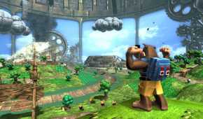 A screenshot of Banjo flexing in a stage from Banjo-Kazooie Nuts & Bolts