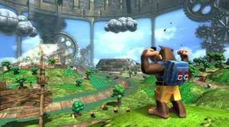 A screenshot of Banjo flexing in a stage from Banjo-Kazooie Nuts & Bolts
