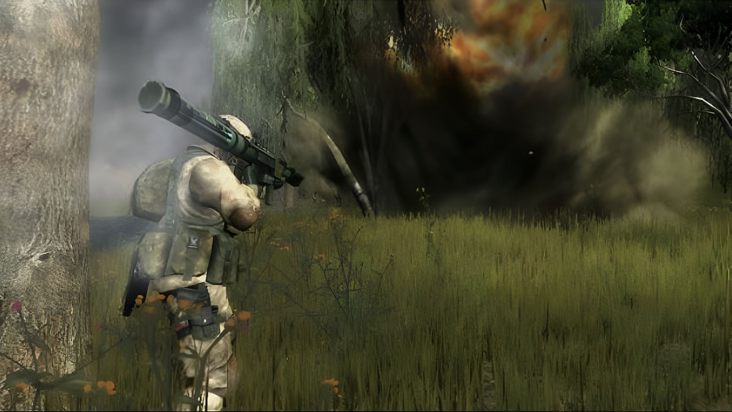 A soldier holding a bazooka in Battlefield 2: Modern Combat. 