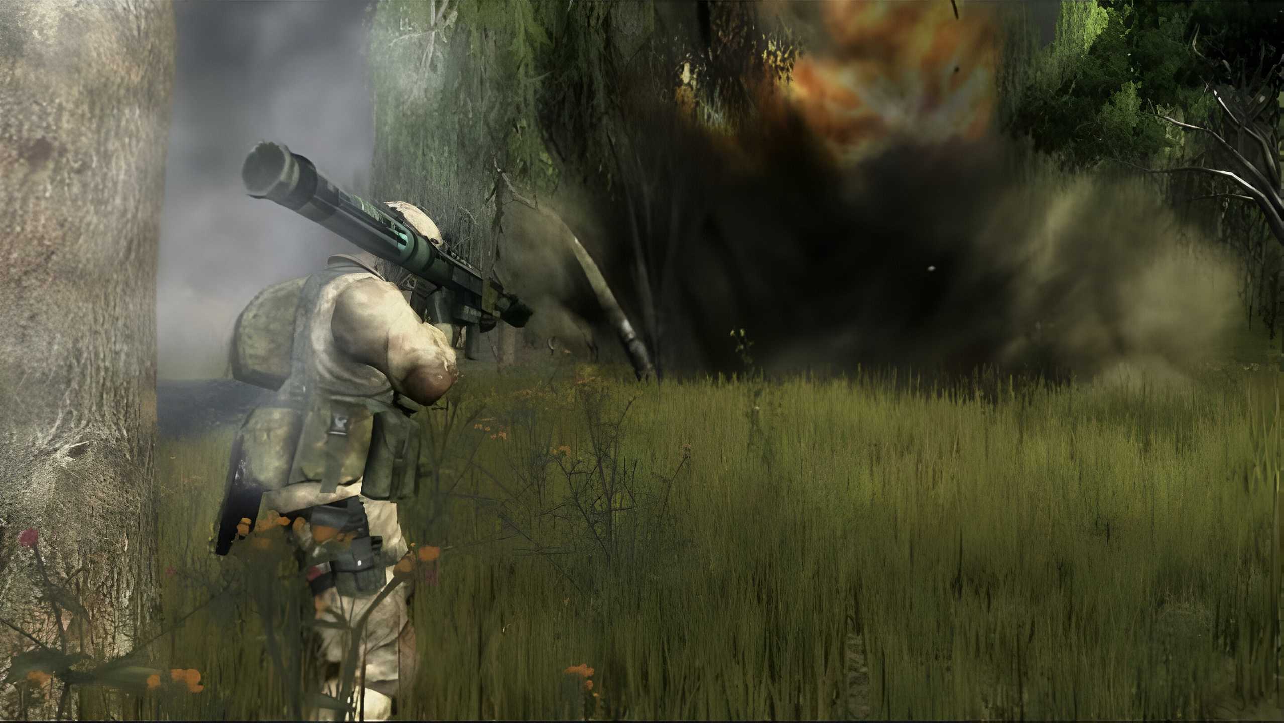 A soldier holding a bazooka in Battlefield 2: Modern Combat.