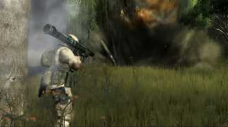 A soldier holding a bazooka in Battlefield 2: Modern Combat.