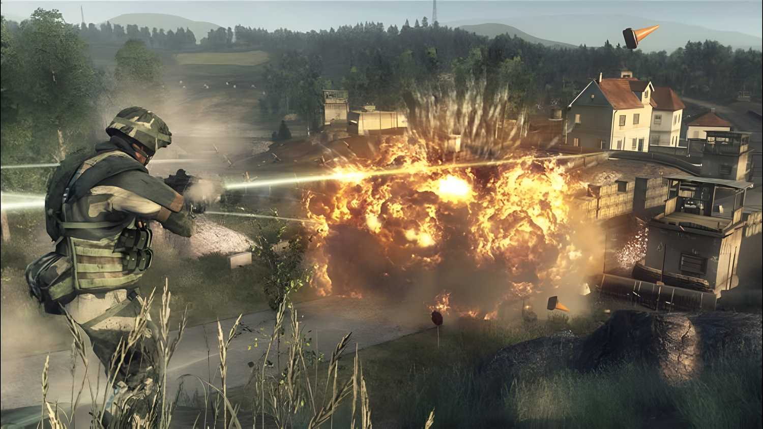 A soldier looking at an explosion in Battlefield: Bad Company.