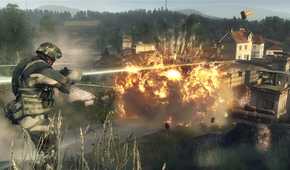 A soldier looking at an explosion in Battlefield: Bad Company.
