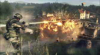A soldier looking at an explosion in Battlefield: Bad Company.