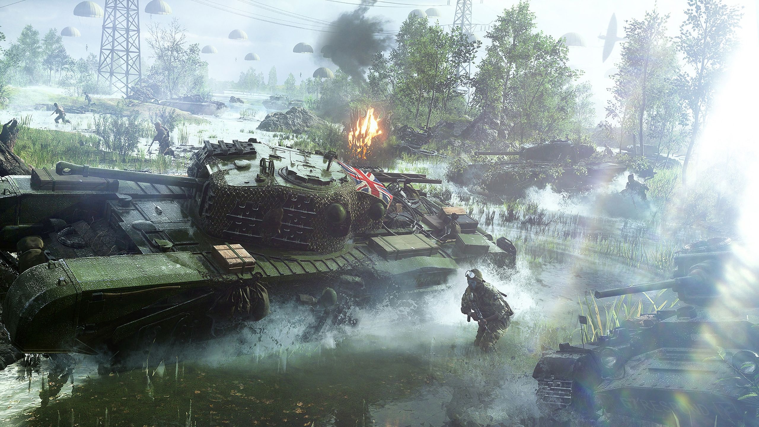 Tanks in a swamp in Battlefield V.