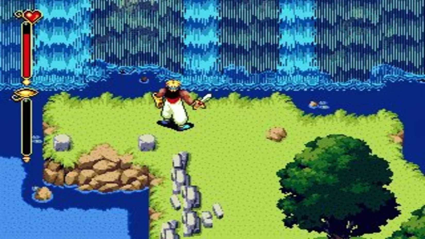 A screenshot of Prince Ali exploring the overworld in Beyond Oasis