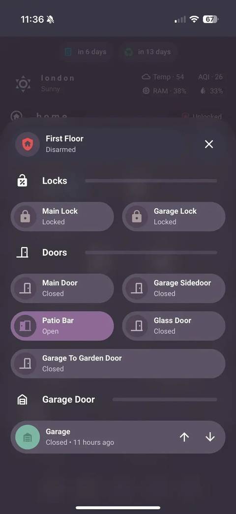 A screenshot of the bubble dashboard for mobile showing first floor controls for locks and doors in a house