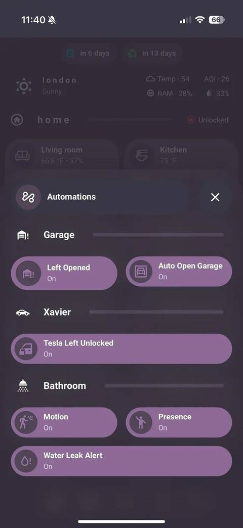 A screenshot of the bubble dashboard for mobile showing automations for the garage and bathroom