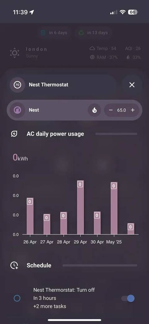 A screenshot of the bubble dashboard for mobile showing thermostat controls and stats