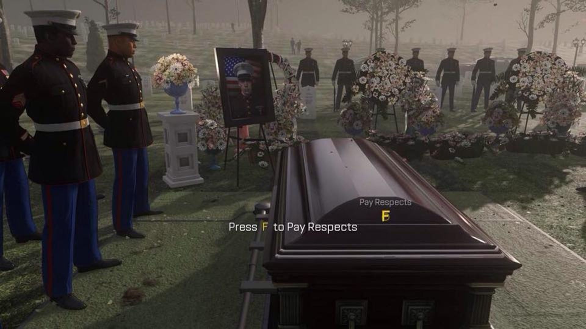  A screenshot of gameplay from a funeral scene in Call of Duty: Advanced Warfare