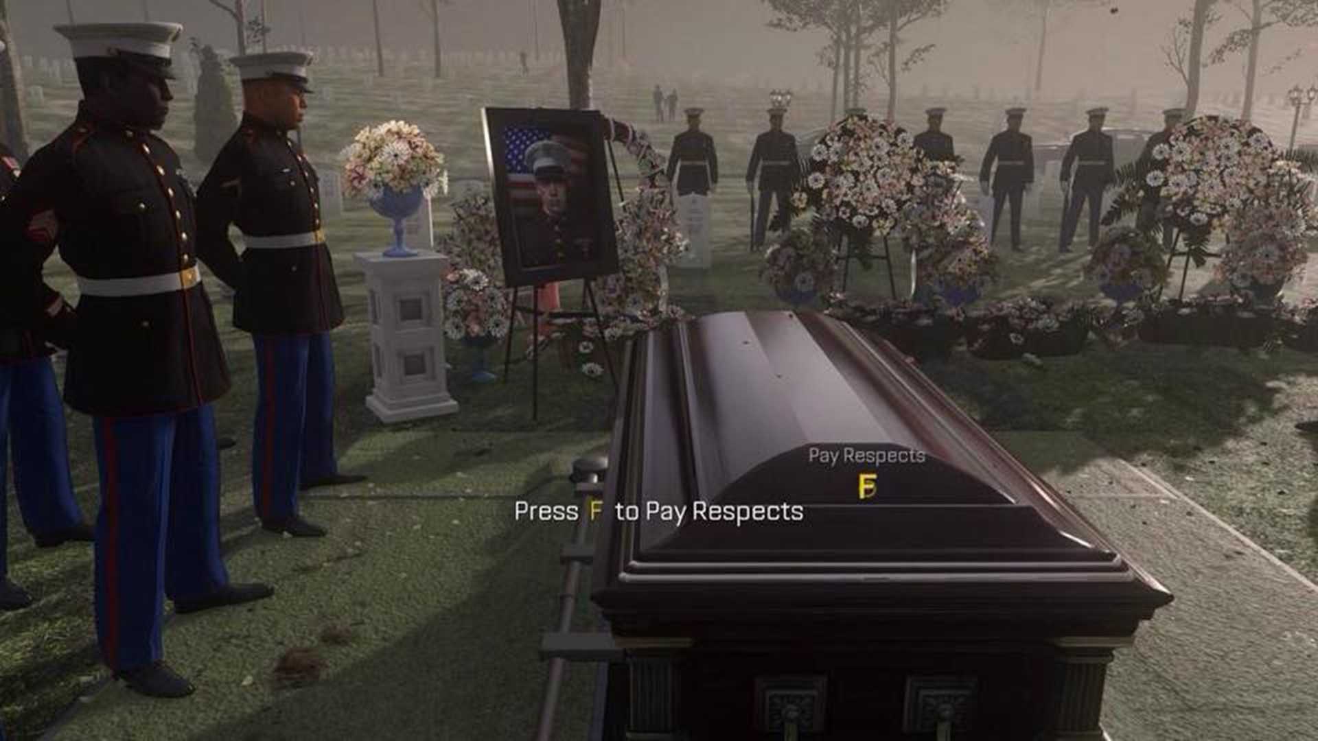 A screenshot of gameplay from a funeral scene in Call of Duty: Advanced Warfare
