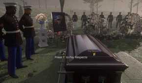 A screenshot of gameplay from a funeral scene in Call of Duty: Advanced Warfare
