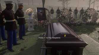 A screenshot of gameplay from a funeral scene in Call of Duty: Advanced Warfare