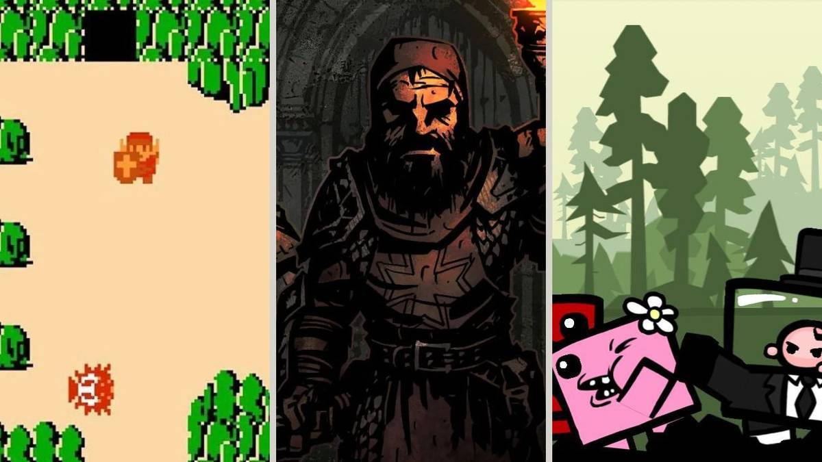 A collage of classic games everyone owns but hasn't actually beaten, including Zelda, Darkest Dungeon, and Super Meat Boy