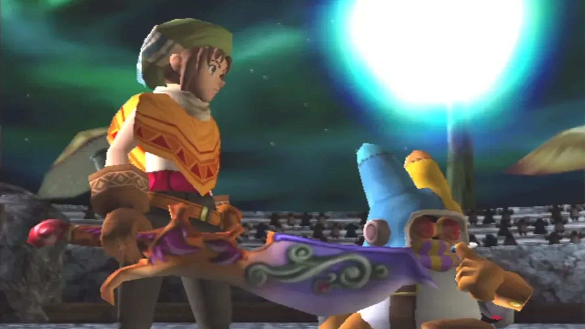 A screenshot of two characters during a cutscene in Dark Cloud