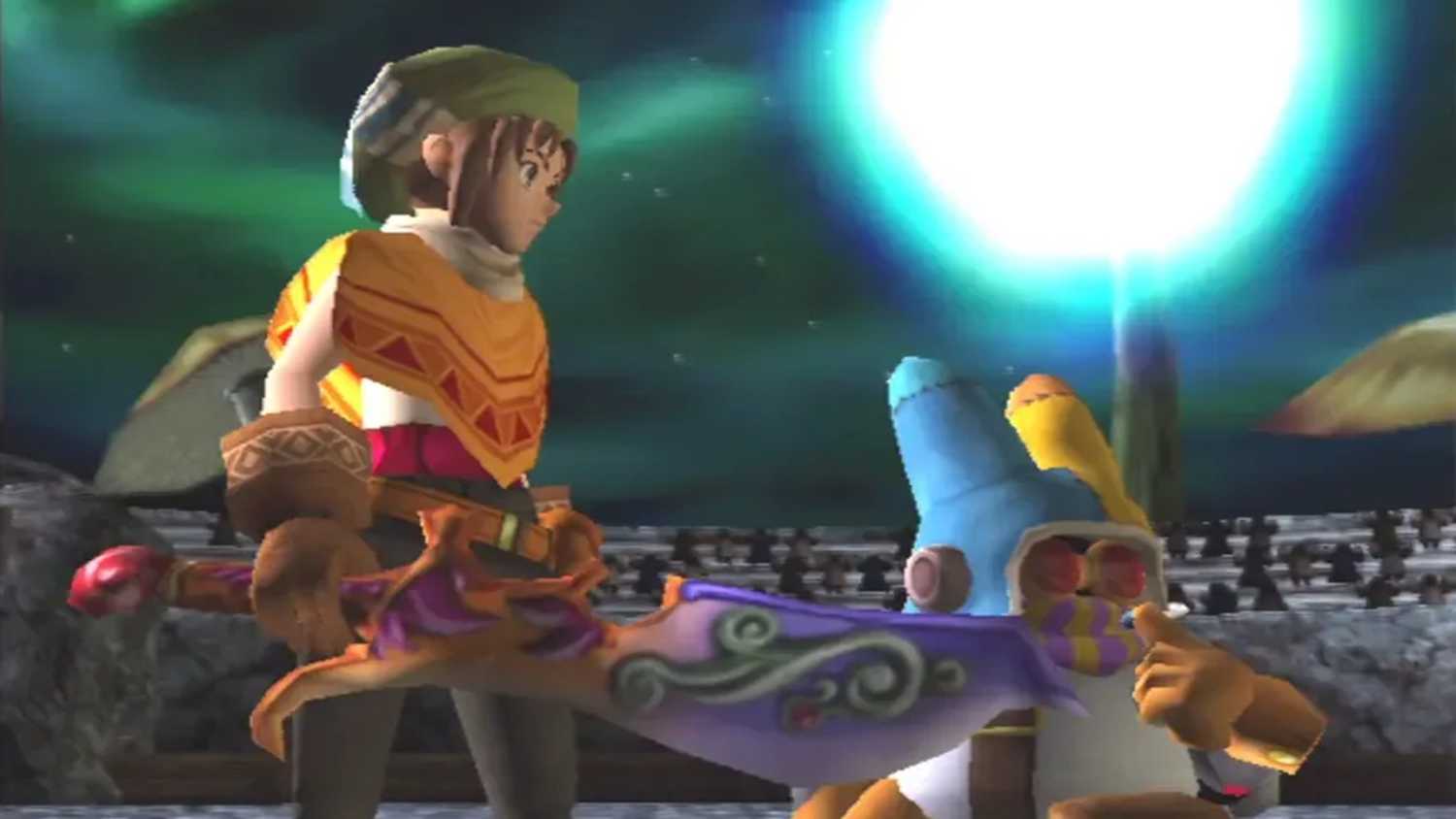 A screenshot of two characters during a cutscene in Dark Cloud