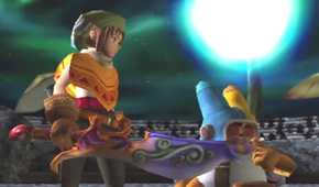 A screenshot of two characters during a cutscene in Dark Cloud