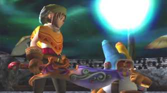 A screenshot of two characters during a cutscene in Dark Cloud