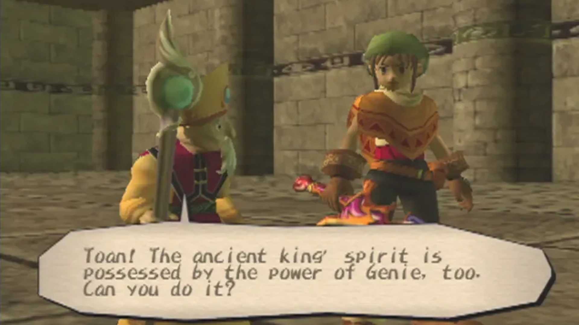 A screenshot of dialogue between two heroes in Dark Cloud