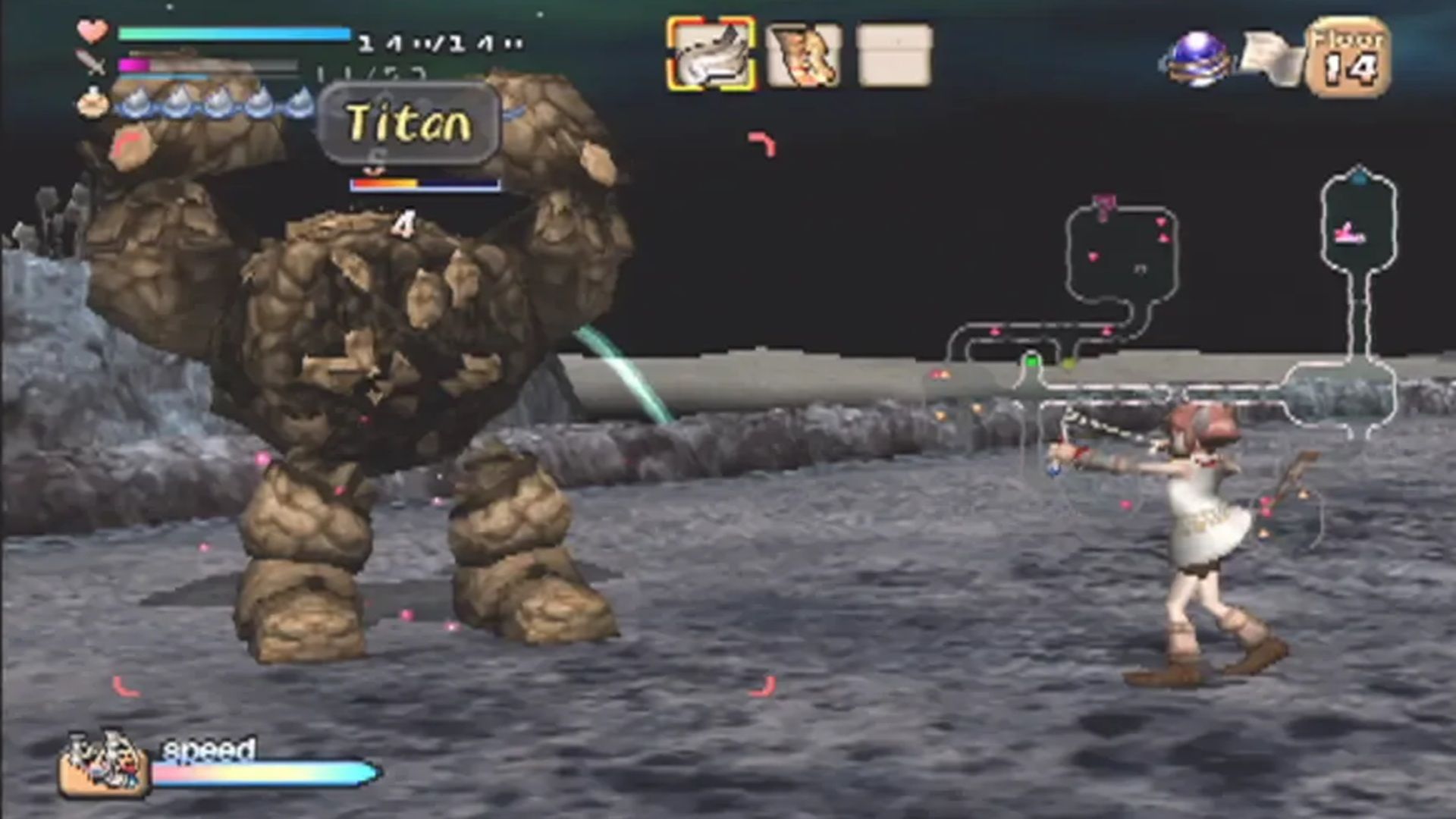 A screenshot of combat against a golem in Dark Cloud
