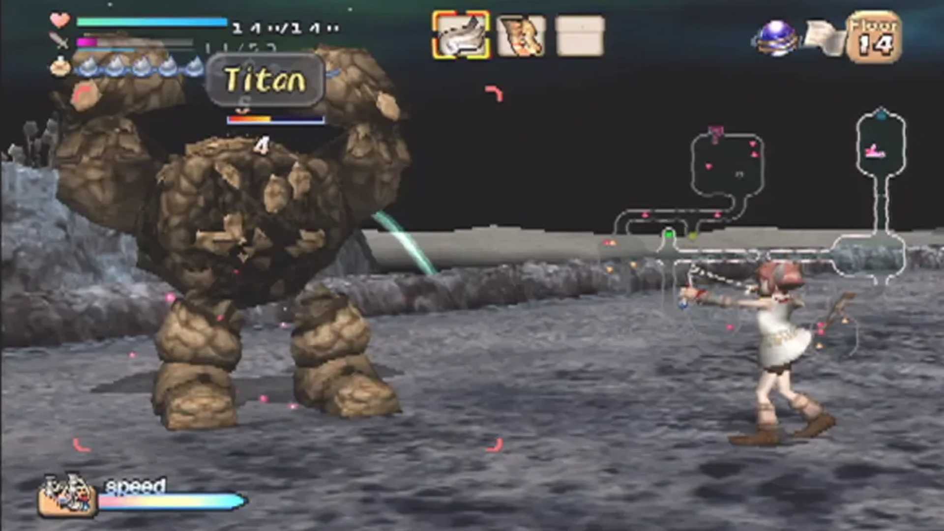 A screenshot of combat against a golem in Dark Cloud