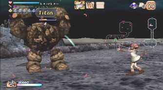 A screenshot of combat against a golem in Dark Cloud