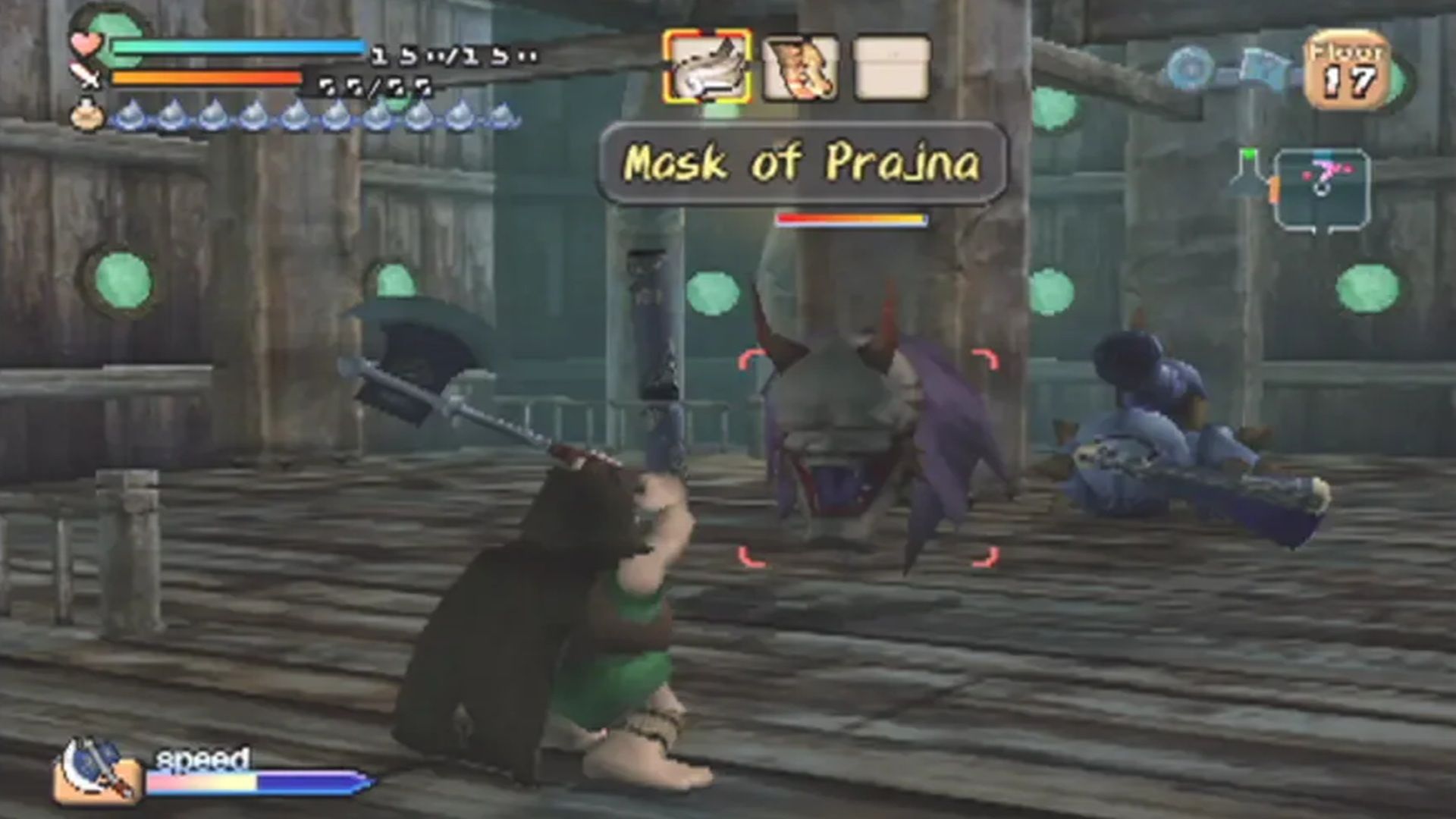 A screenshot of combat against a Mask of Prajna in Dark Cloud