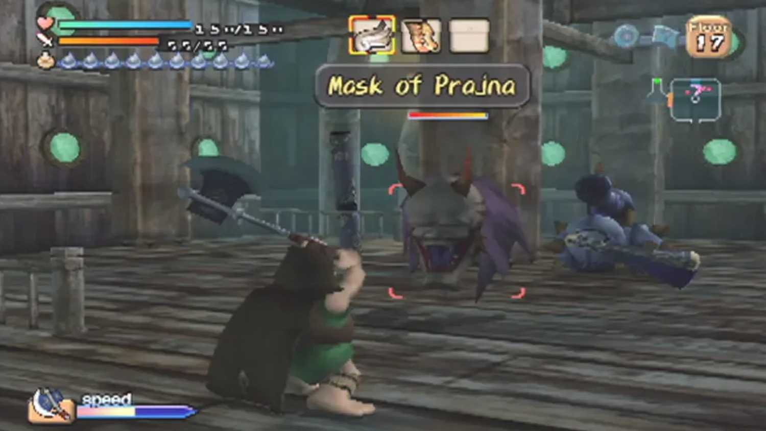 A screenshot of combat against a Mask of Prajna in Dark Cloud
