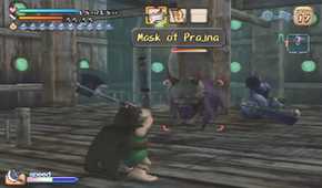A screenshot of combat against a Mask of Prajna in Dark Cloud