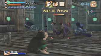 A screenshot of combat against a Mask of Prajna in Dark Cloud