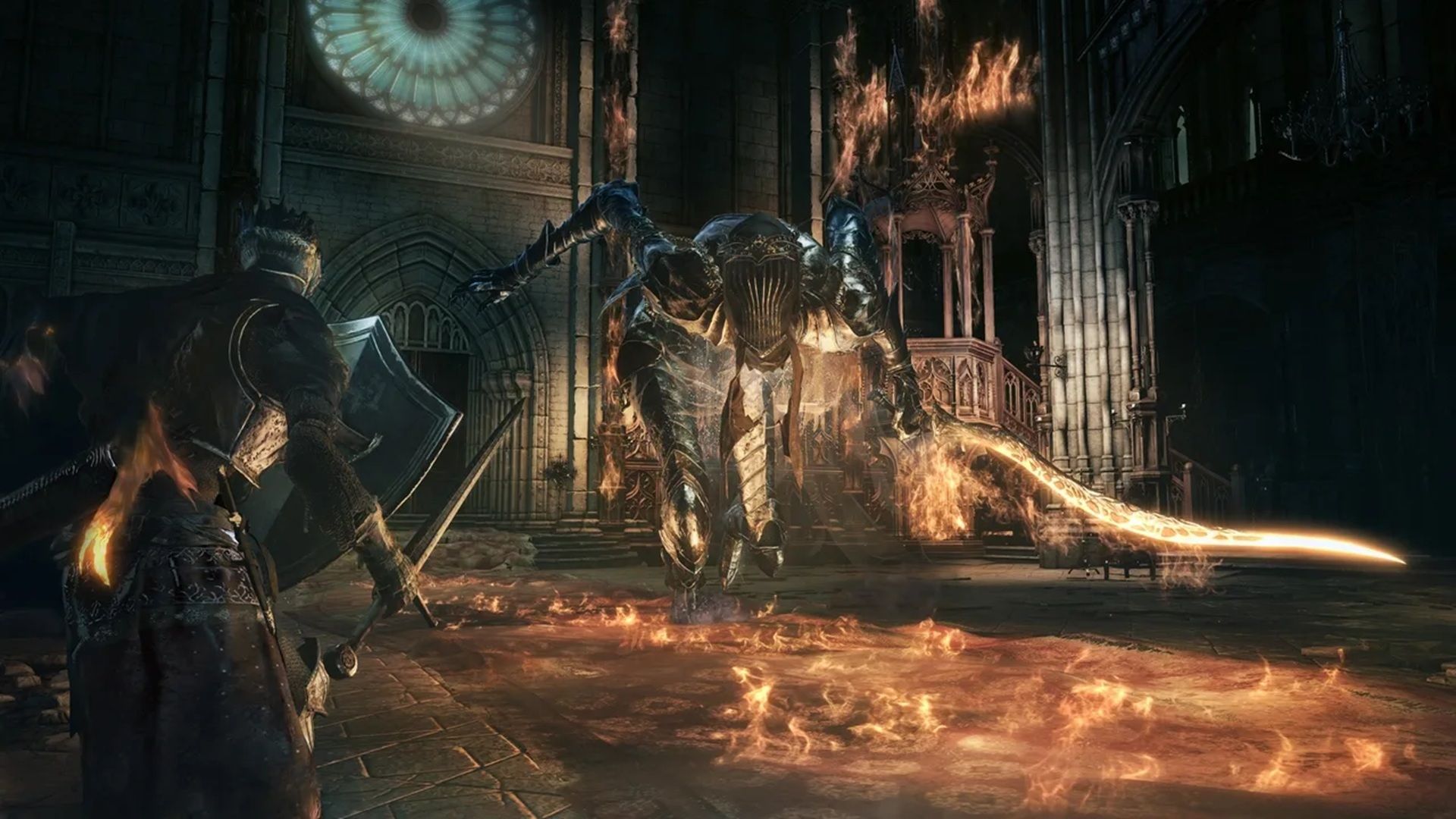 A screenshot of a boss battle during gameplay from Dark Souls III