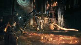 A screenshot of a boss battle during gameplay from Dark Souls III