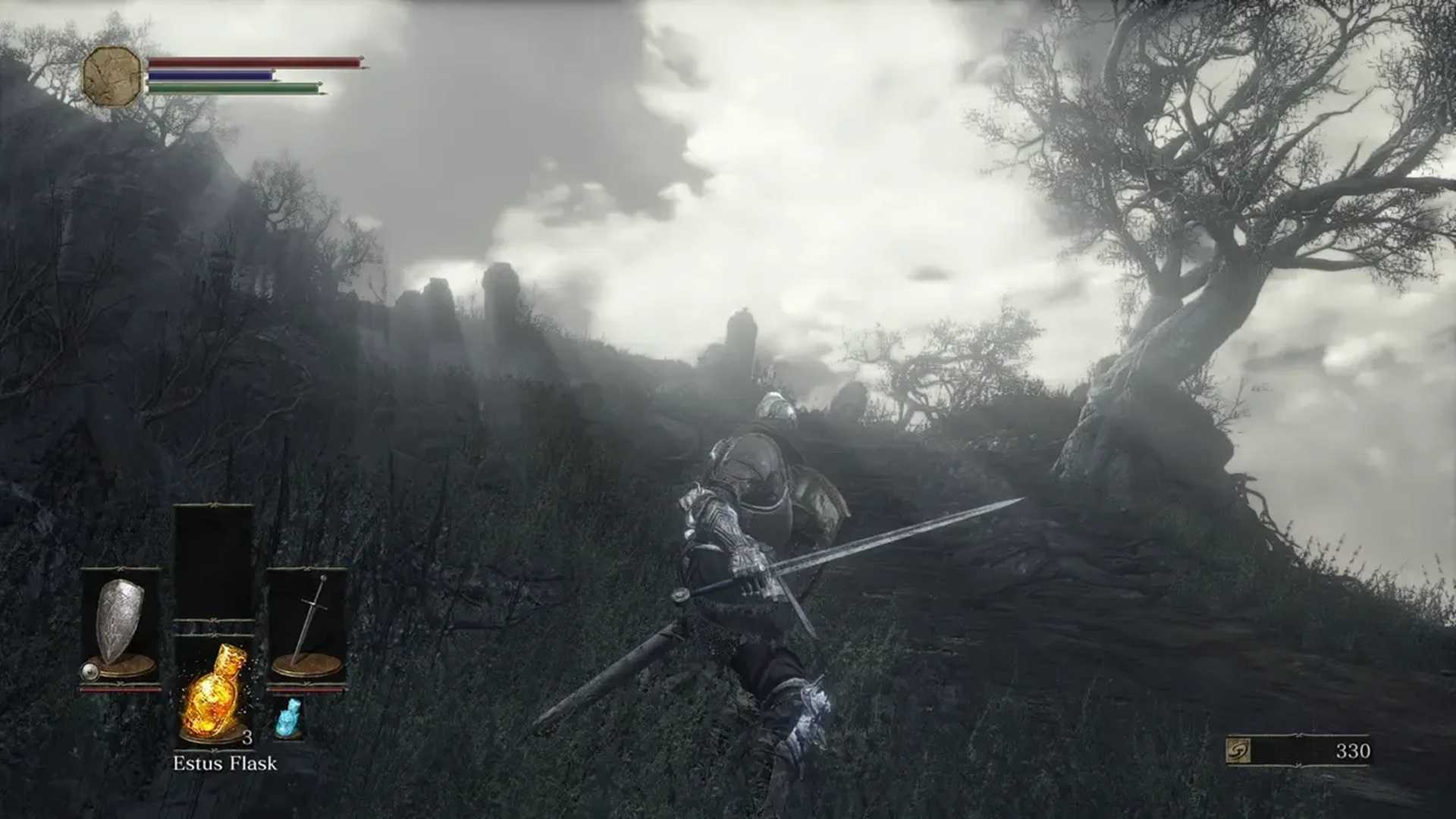 A screenshot of a character in the world during gameplay from Dark Souls III