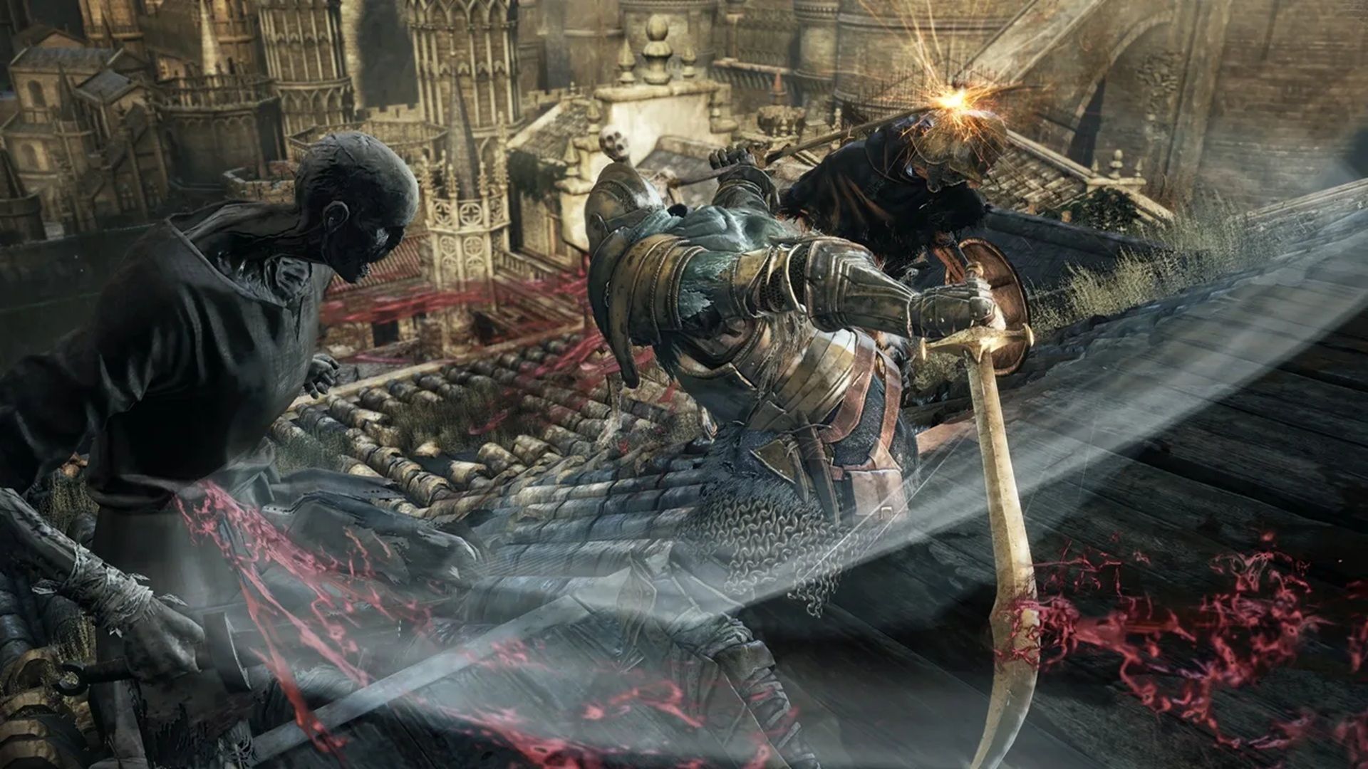 A screenshot of combat with a small enemy during gameplay from Dark Souls III