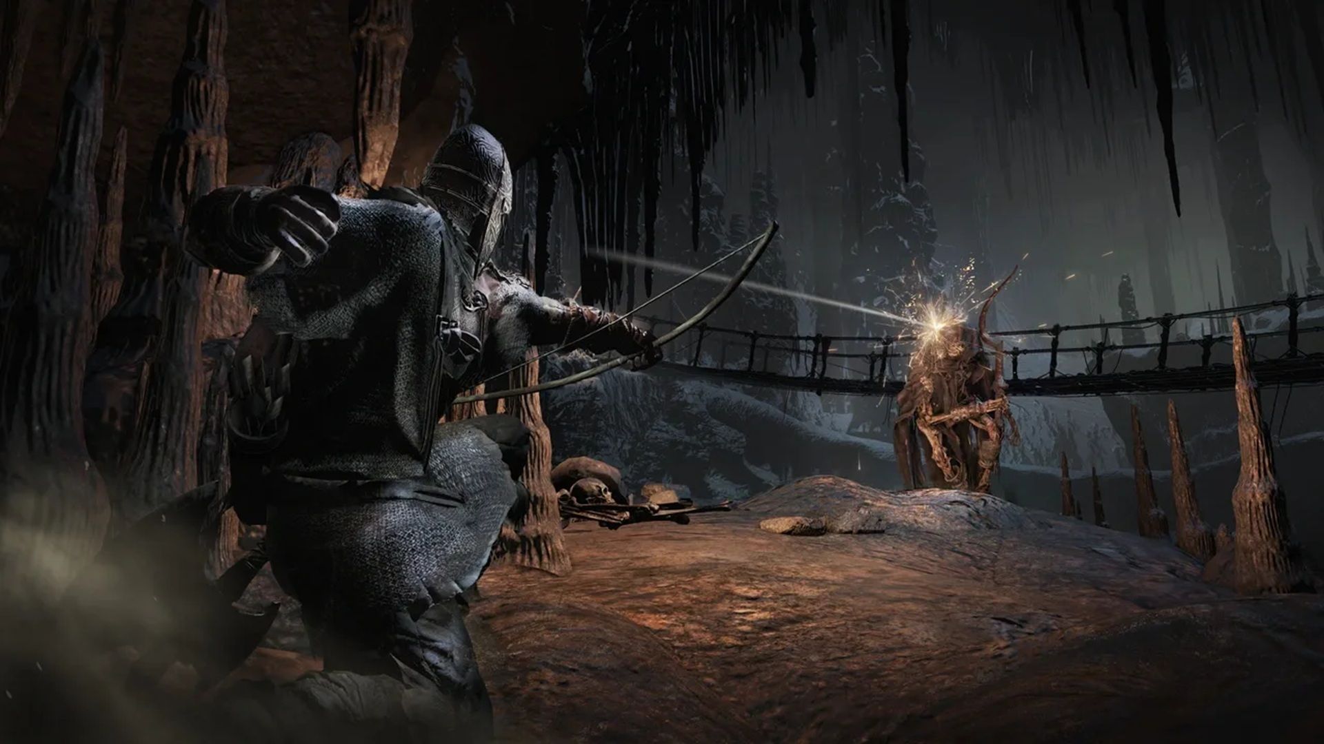 A screenshot of a player shooting an arrow at an enemy in Dark Souls III