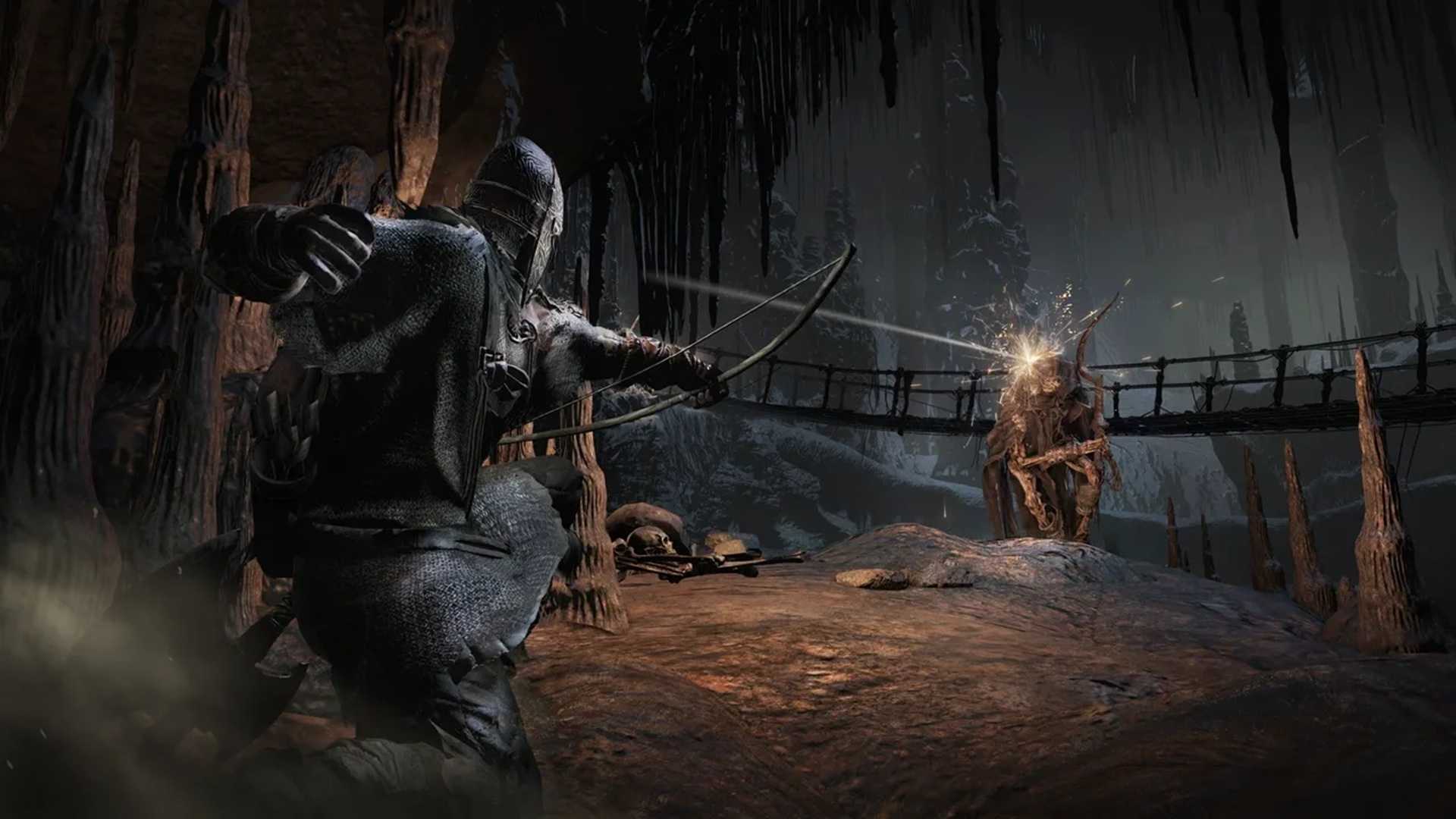 A screenshot of a player shooting an arrow at an enemy in Dark Souls III