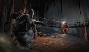 A screenshot of a player shooting an arrow at an enemy in Dark Souls III