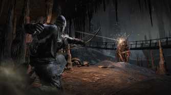 A screenshot of a player shooting an arrow at an enemy in Dark Souls III