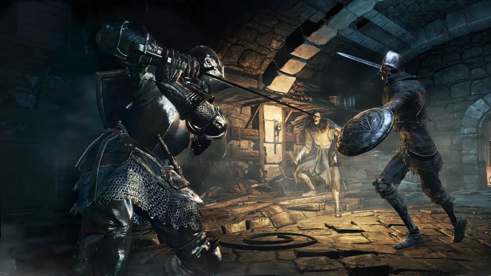A screenshot of a player fighting two enemies in Dark Souls III