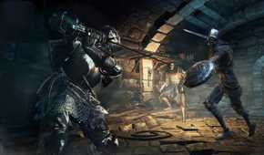 A screenshot of a player fighting two enemies in Dark Souls III