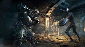 A screenshot of a player fighting two enemies in Dark Souls III
