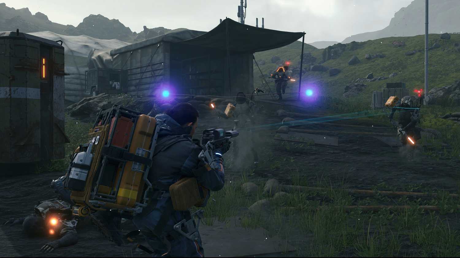Screenshot from Death Stranding: Director's Cut on PC showing Sam in a combat situation at a MULE camp.