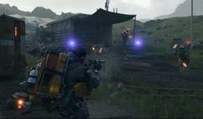 Screenshot from Death Stranding: Director's Cut on PC showing Sam in a combat situation at a MULE camp.