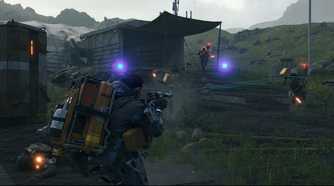 Screenshot from Death Stranding: Director's Cut on PC showing Sam in a combat situation at a MULE camp.