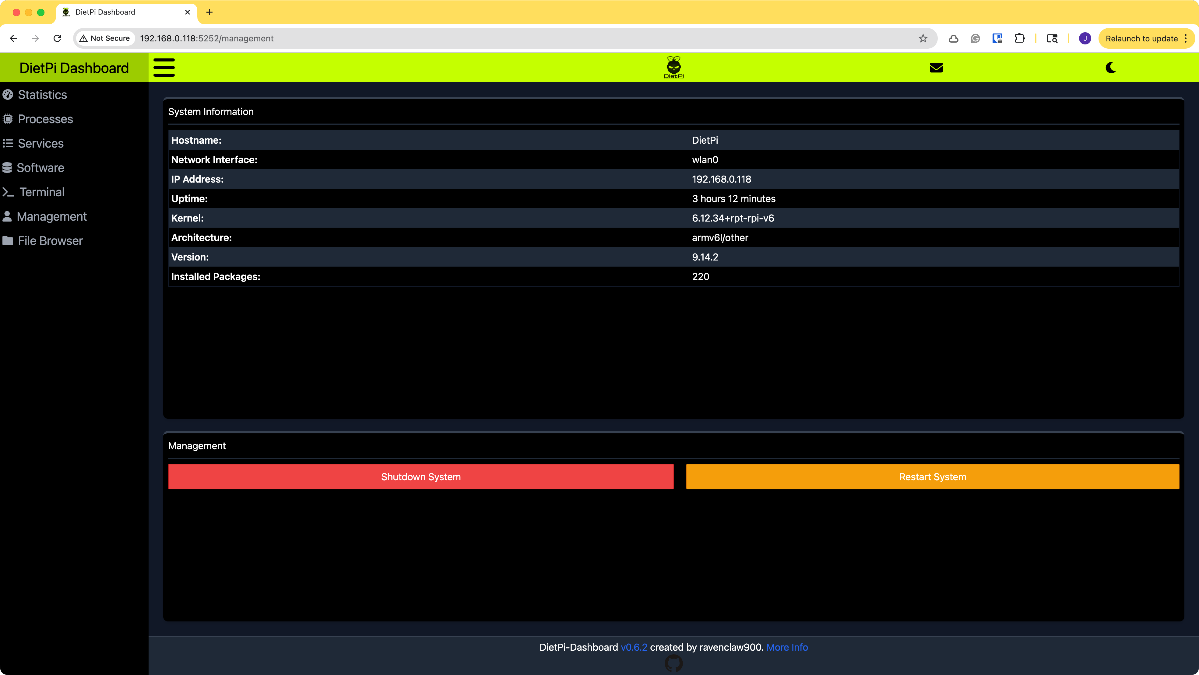 DietPi-Dashboard Management page