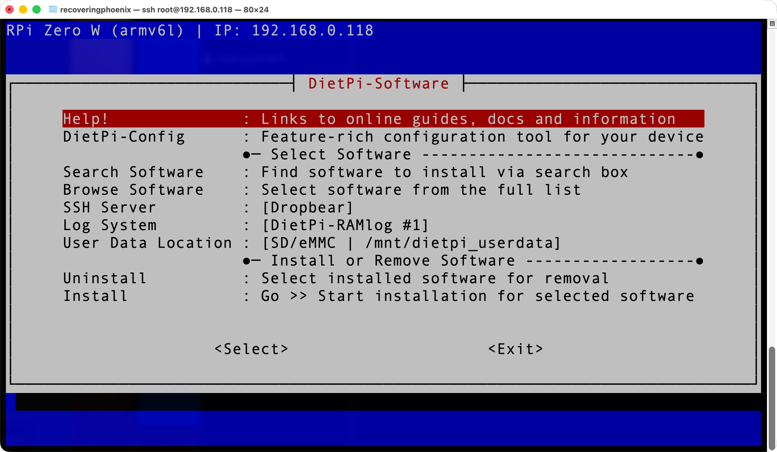 DietPi-Software main menu