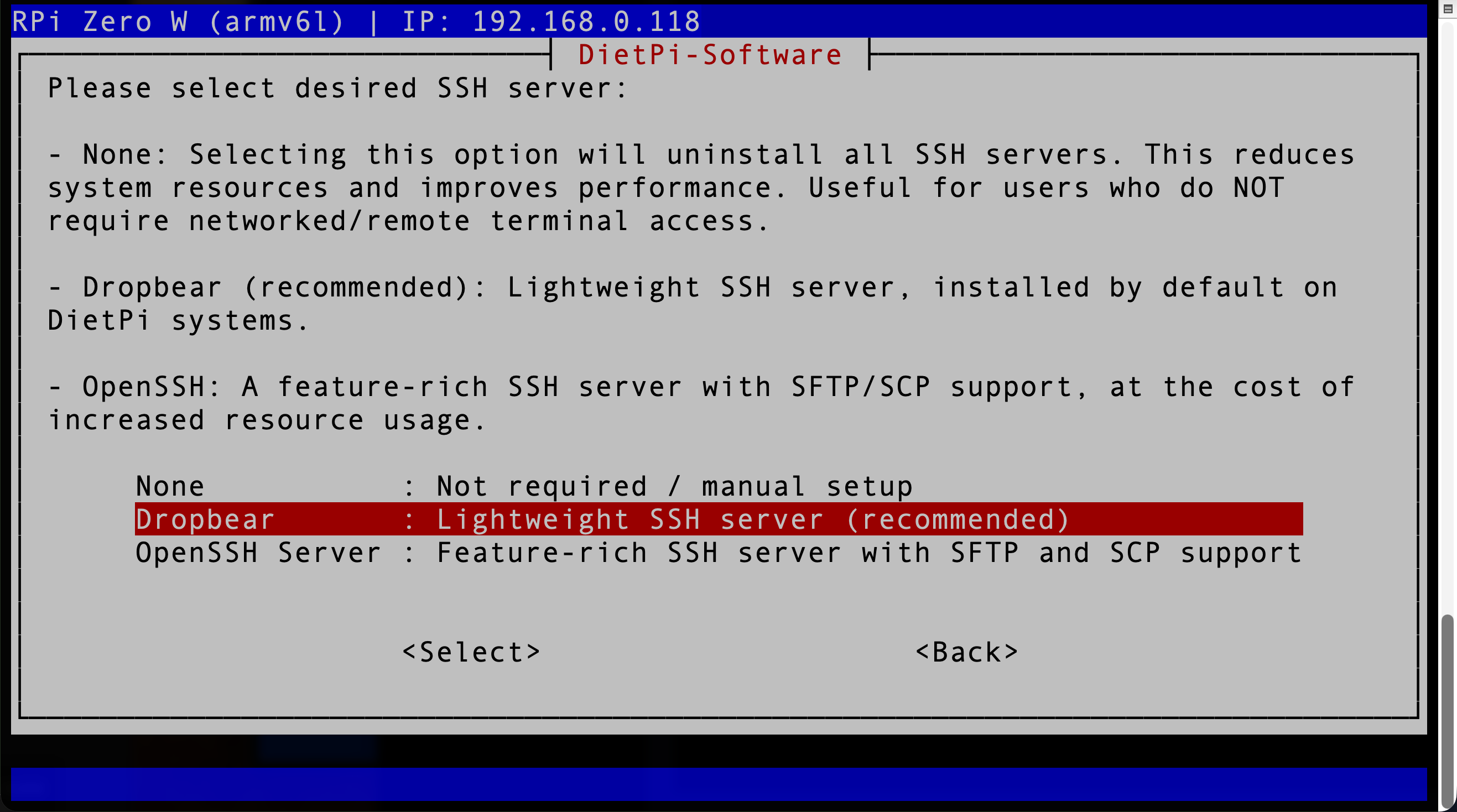 DietPi ssh server selection